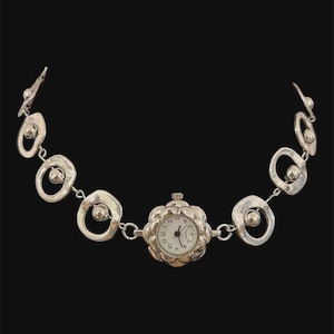 Boho Antique Vintage Hand Made Beaded Sterling Silver Watch Clock Necklace Choker