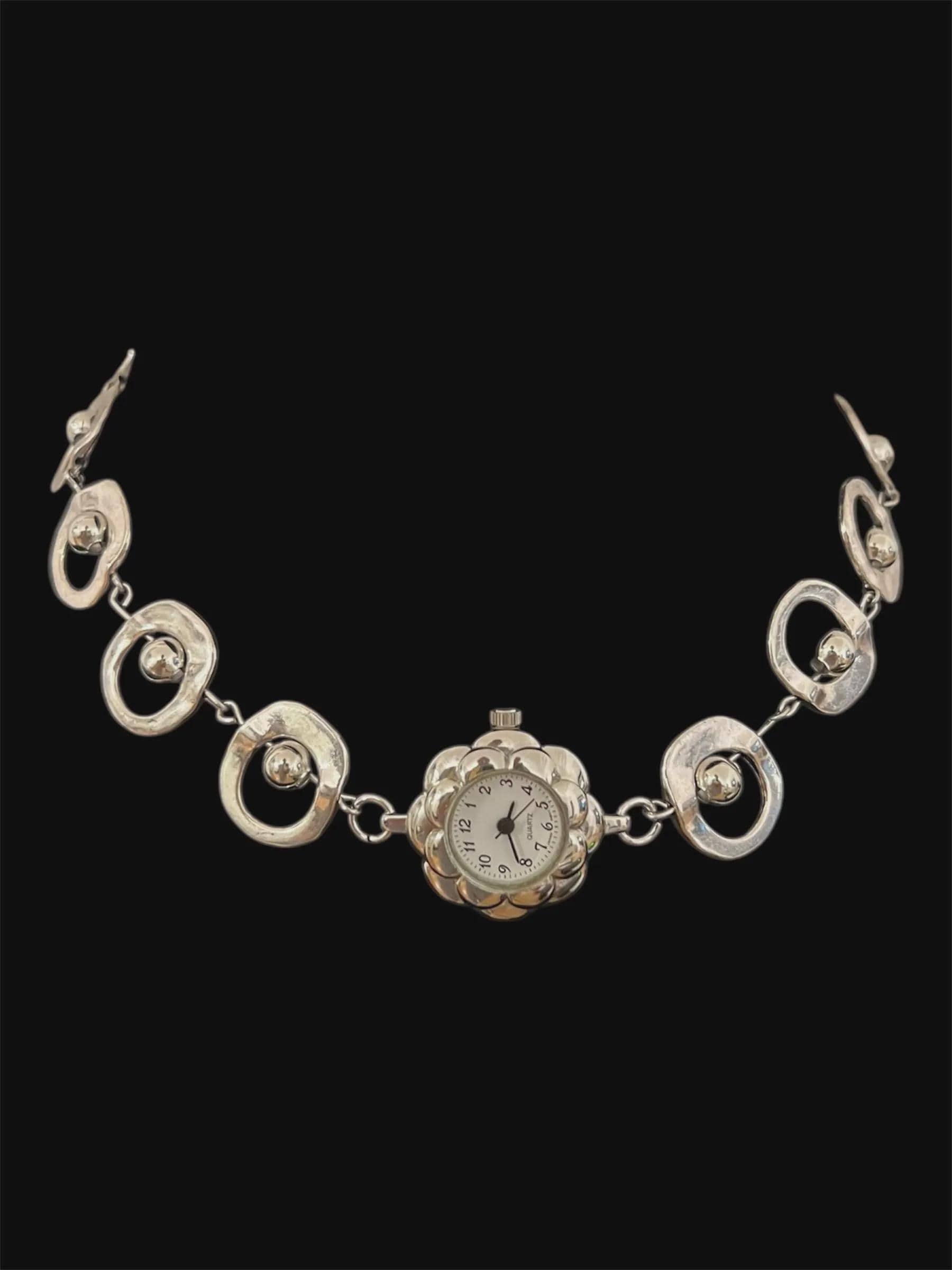 Boho Antique Vintage Hand Made Beaded Sterling Silver Watch Clock Necklace Choker