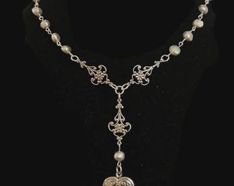 Beaded Floral Locket Antique Vintage Boho Style Handmade Freshwater Pearl Rosary Necklace