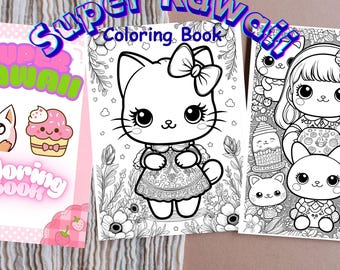 Peut inclure: Trois couvertures de "Super Kawaii Coloring Book" sont présentées. Le livre central présente un personnage de chat avec un nœud, entouré d'éléments floraux. Les autres couvertures présentent des illustrations mignonnes de cupcakes, de chats et d'une fille. Les livres sont en noir et blanc.