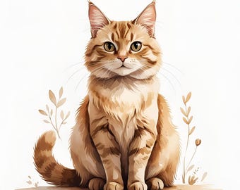 Watercolor Orange Tabby Cat Clipart: Fluffy Kitten Illustration (PNG & JPG Digital Download