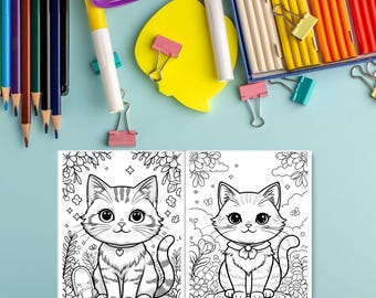 20 Kawaii Cat Coloring Pages | Cute Printable Cats for Kids & Adults | Digital Download PDF | Fun Relaxing Coloring Book
