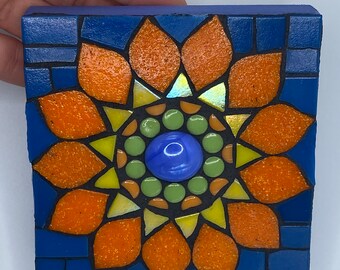 Floral mosaic, 4x4 flower wall art, orange daisy