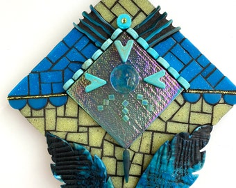 turquoise and green abstract mosaic art, small mosaic, wings