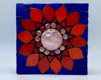 Mosaic flower, mini wall art, red-orange and blue floral