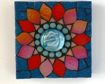 Mosaic flower, mini wall art, red-orange and blue floral