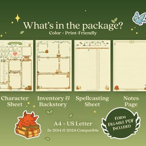Puede incluir: Descarga digital con cuatro p&aacute;ginas imprimibles: una hoja de personaje, inventario e historia, hoja de lanzamiento de hechizos y p&aacute;gina de notas. El dise&ntilde;o es a color y apto para impresi&oacute;n, con tem&aacute;tica de fantas&iacute;a. Incluye PDF rellenable.