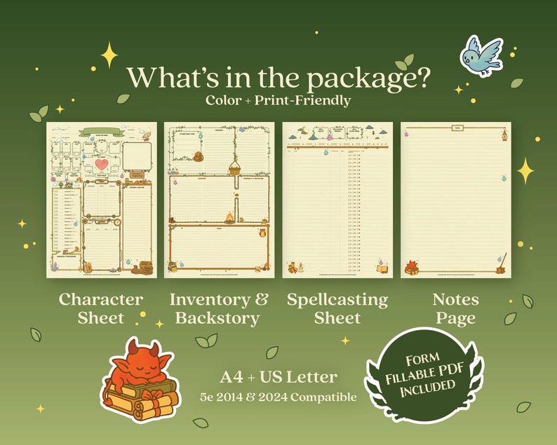 Puede incluir: Descarga digital con cuatro p&aacute;ginas imprimibles: una hoja de personaje, inventario e historia, hoja de lanzamiento de hechizos y p&aacute;gina de notas. El dise&ntilde;o es a color y apto para impresi&oacute;n, con tem&aacute;tica de fantas&iacute;a. Incluye PDF rellenable.