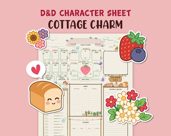 Puede incluir: Una hoja de personaje de D&D titulada "Cottage Charm" con un fondo rosa. La hoja presenta un diseño con casillas para estadísticas, una fresa, un arándano y varias pegatinas con temas florales y de comida.
