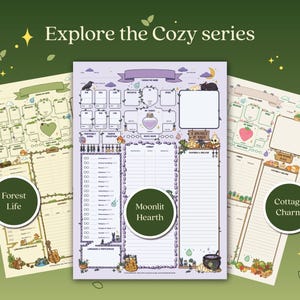 Puede incluir: Tres hojas ilustradas con el texto "Explore the Cozy series". Las hojas est&aacute;n etiquetadas como "Forest Life", "Moonlit Hearth" y "Cottage Charm". Cada hoja tiene un dise&ntilde;o diferente con ilustraciones y espacios en blanco para escribir.