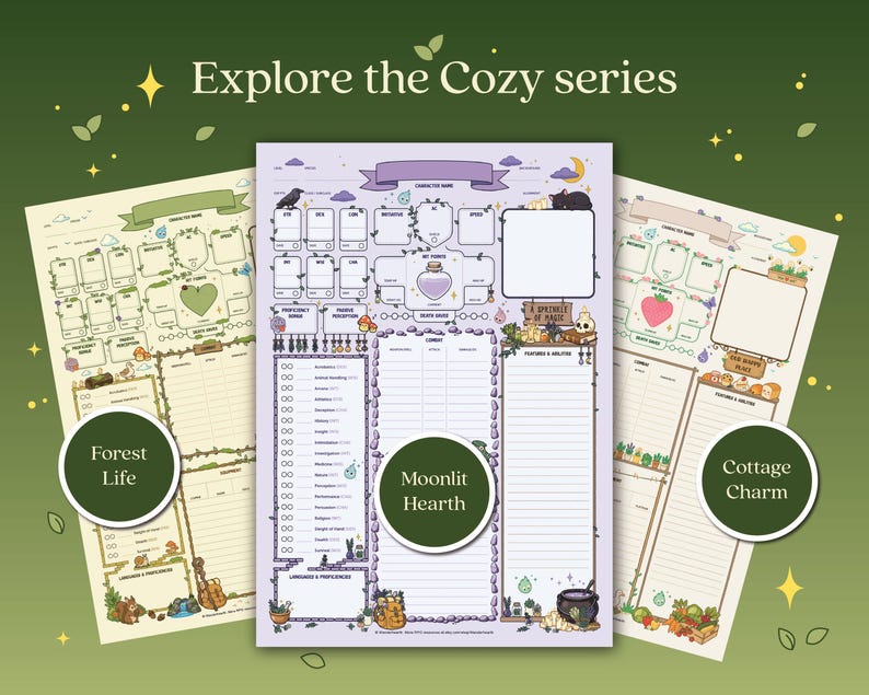 Puede incluir: Tres hojas ilustradas con el texto "Explore the Cozy series". Las hojas est&aacute;n etiquetadas como "Forest Life", "Moonlit Hearth" y "Cottage Charm". Cada hoja tiene un dise&ntilde;o diferente con ilustraciones y espacios en blanco para escribir.