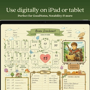 Puede incluir: Hoja de personaje digital en una tableta, con un tema de juego de rol de fantas&iacute;a. La hoja incluye estad&iacute;sticas de personaje, habilidades y un retrato de un guerrero. El texto en la pantalla dice "Bram Ironheart" y "Journey's Beginning". El fondo es verde suave.