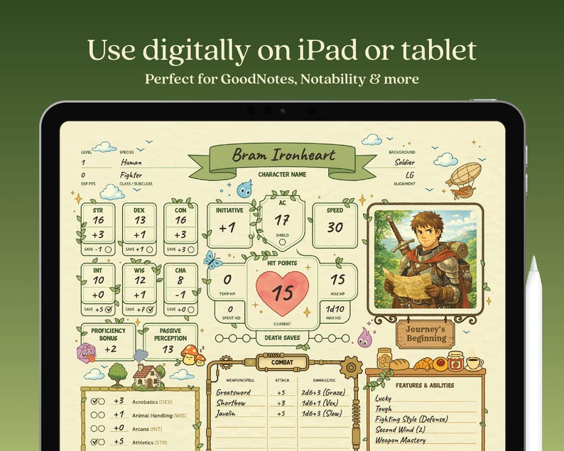 Puede incluir: Hoja de personaje digital en una tableta, con un tema de juego de rol de fantas&iacute;a. La hoja incluye estad&iacute;sticas de personaje, habilidades y un retrato de un guerrero. El texto en la pantalla dice "Bram Ironheart" y "Journey's Beginning". El fondo es verde suave.