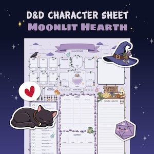 May include: A D&D character sheet titled "Moonlit Hearth" with a purple and white design. Includes illustrations of a witch's hat, a sleeping black cat, a heart, and a purple twenty-sided die. The sheet has sections for character stats and abilities.