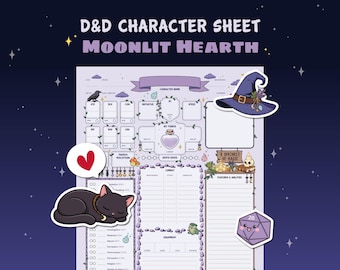 Puede incluir: Una hoja de personaje de D&D titulada "Moonlit Hearth" con un diseño morado y blanco. Incluye ilustraciones de un sombrero de bruja, un gato negro durmiendo, un corazón y un dado morado de veinte caras. La hoja tiene secciones para estadísticas y habilidades del personaje.