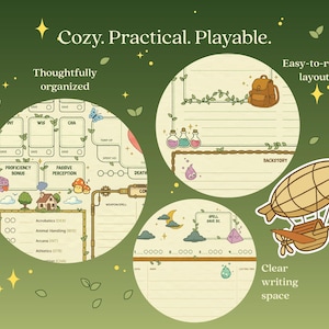 Puede incluir: Ilustraci&oacute;n de una hoja de personaje de juego de rol con un fondo verde y elementos de dise&ntilde;o caprichosos. La hoja incluye secciones para estad&iacute;sticas, una mochila, frascos de pociones y un dirigible. El texto incluye "Cozy. Practical. Playable."