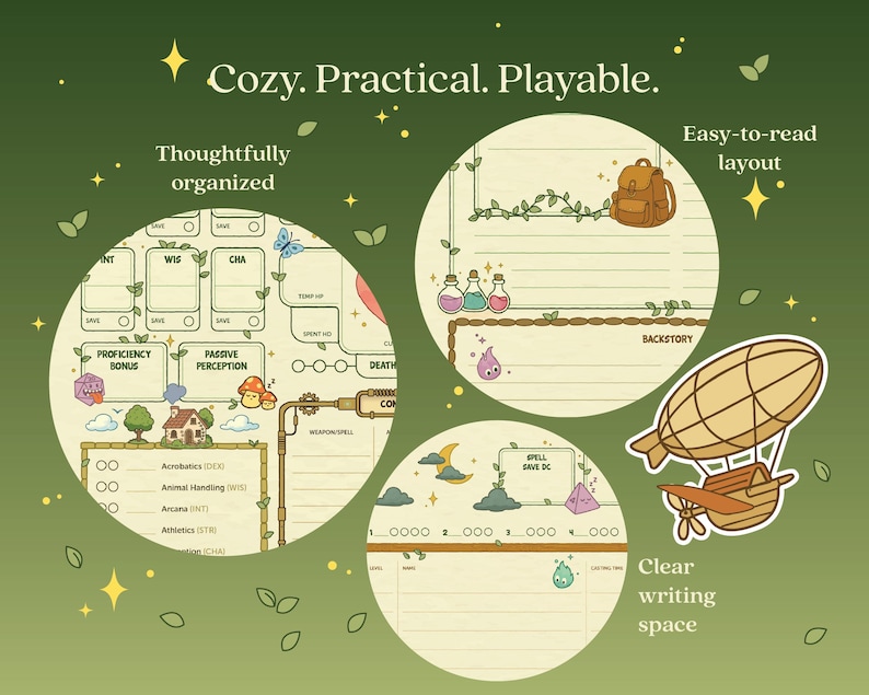 Puede incluir: Ilustraci&oacute;n de una hoja de personaje de juego de rol con un fondo verde y elementos de dise&ntilde;o caprichosos. La hoja incluye secciones para estad&iacute;sticas, una mochila, frascos de pociones y un dirigible. El texto incluye "Cozy. Practical. Playable."