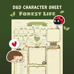 Può includere: Un foglio personaggio di D&D intitolato "Forest Life" con un design stravagante. Il foglio presenta spazi per statistiche, abilità ed equipaggiamento del personaggio, adornato con illustrazioni di una coccinella, un riccio e altri elementi della foresta. Il testo "BE LEAF IN ADVENTURE" è anche visibile.