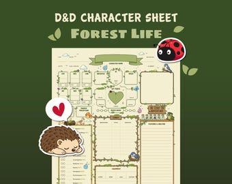 Puede incluir: Una hoja de personaje de D&D titulada "Forest Life" con un diseño caprichoso. La hoja presenta espacios para las estadísticas, habilidades y equipo del personaje, adornada con ilustraciones de una mariquita, un erizo y otros elementos del bosque. El texto "BE LEAF IN ADVENTURE" también es visible.