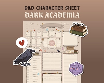 Puede incluir: Una hoja de personaje de D&D con el texto "D&D CHARACTER SHEET DARK ACADEMIA". La hoja tiene espacios para las estadísticas del personaje, detalles de combate y equipo. Las pegatinas decorativas incluyen un cuervo, un corazón, libros con gafas y un dado morado.