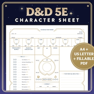 Op de afbeelding: Een D&D 5E karakterblad met secties voor statistieken, vaardigheden en vaardigheden. Het blad bevat ruimtes voor de naam van het personage, de klasse en attributen. Het ontwerp bevat de tekst "A4 + US LETTER + FILLABLE PDF".