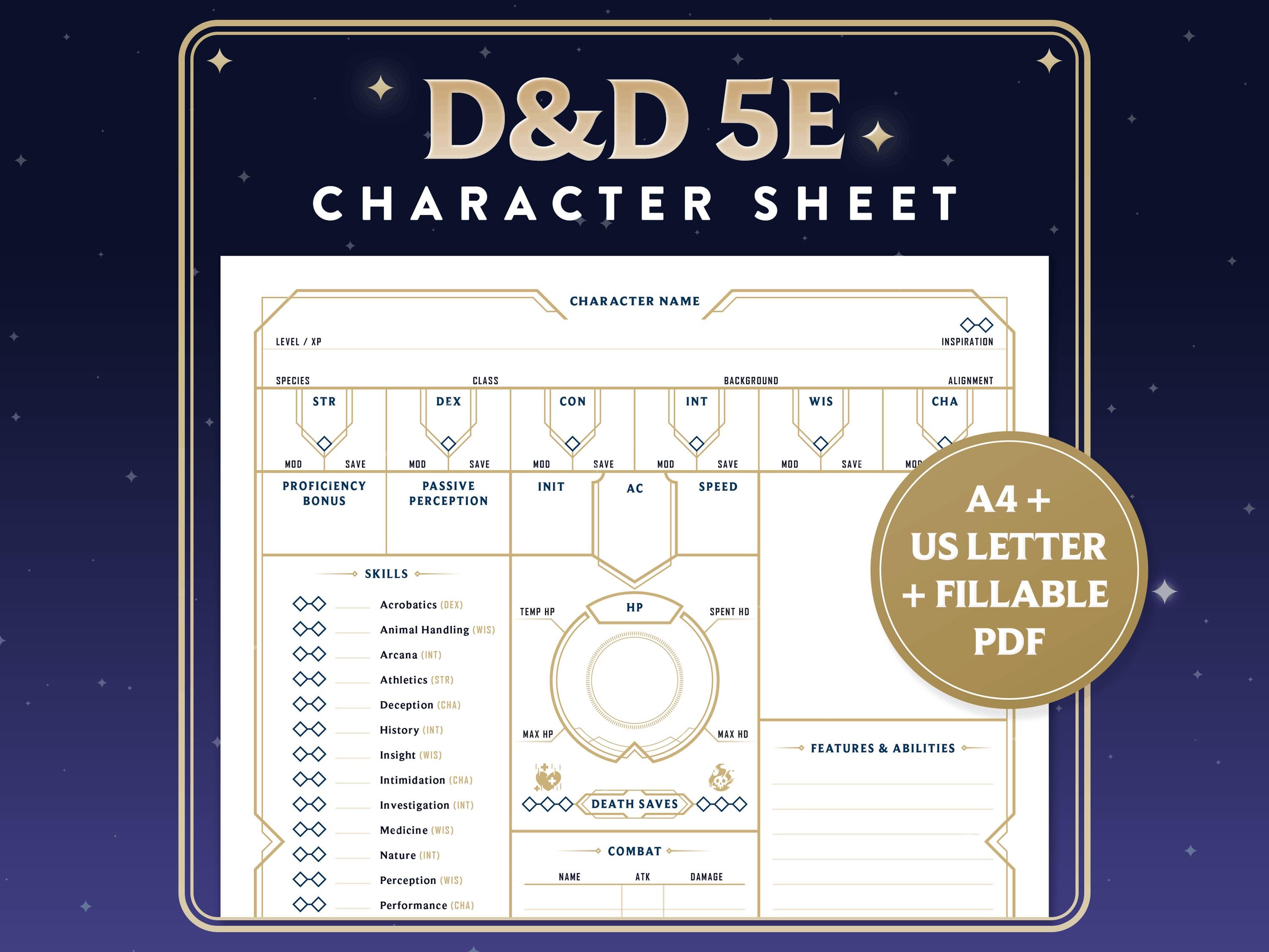 Deco Magic Dnd Character Sheet – Art Deco Magic Theme, Fillable PDF (A4 US Letter ...