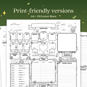 Puede incluir: Hojas de personaje imprimibles en blanco y negro para juegos de rol de mesa. Las hojas incluyen secciones para el nombre del personaje, estad&iacute;sticas, habilidades y capacidades. El texto de la imagen dice "Print-friendly versions" y "A4 + US Letter Sizes".