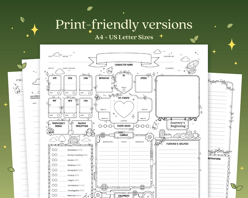 Puede incluir: Hojas de personaje imprimibles en blanco y negro para juegos de rol de mesa. Las hojas incluyen secciones para el nombre del personaje, estad&iacute;sticas, habilidades y capacidades. El texto de la imagen dice "Print-friendly versions" y "A4 + US Letter Sizes".