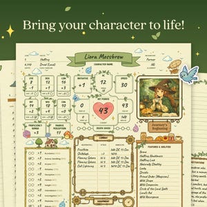 Puede incluir: Una hoja de personaje detallada para un juego de rol, con secciones para estad&iacute;sticas, habilidades e informaci&oacute;n de combate. La hoja incluye el texto "Bring your character to life!" y una ilustraci&oacute;n de personaje.