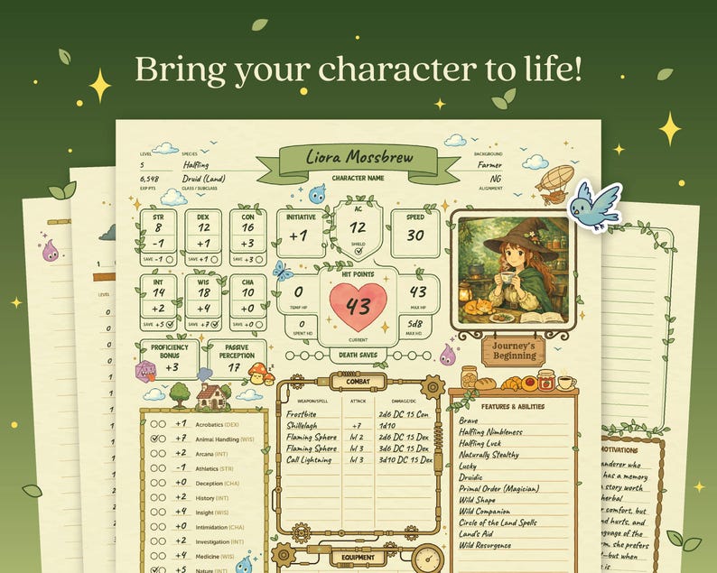 Puede incluir: Una hoja de personaje detallada para un juego de rol, con secciones para estad&iacute;sticas, habilidades e informaci&oacute;n de combate. La hoja incluye el texto "Bring your character to life!" y una ilustraci&oacute;n de personaje.