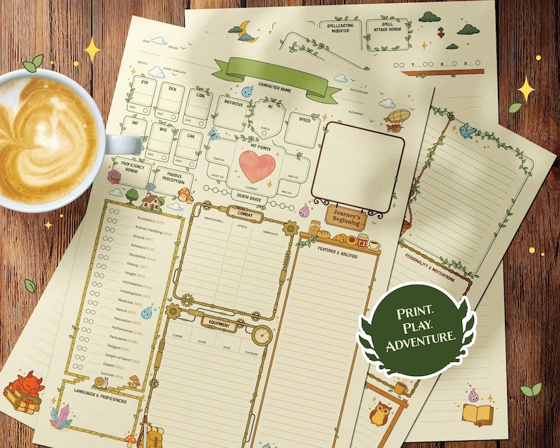 Puede incluir: Varias hojas de personaje beige para un juego de rol de mesa, con bordes decorativos, casillas para estad&iacute;sticas y el texto "Print. Play. Adventure." Una taza de caf&eacute; est&aacute; en la esquina.