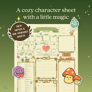 Hoja de personaje de D&D adorable y acogedora para imprimir en PDF – Tema cottagecore – D&D 5e rellenable tamaño A4 Carta estadounidense