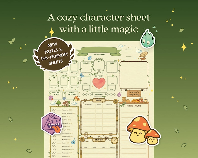 Puede incluir: Una hoja de personaje con un dise&ntilde;o acogedor, con ilustraciones de corazones, dados y setas. El texto dice "A cozy character sheet with a little magic" y "NEW NOTES & INK-FRIENDLY SHEETS". La hoja es para juegos de rol.
