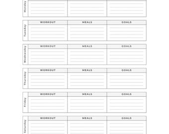 May include: A white workout planner with sections for each day of the week. The planner includes spaces to write down workout details, meals, and goals. The word "Workout" is at the top, with "Planner" in an oval.