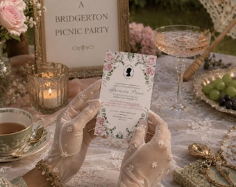 Bridgerton inspiriert Picknick-Einladung & Menü-Vorlage | Regency Gartenparty (Digitaler Download)