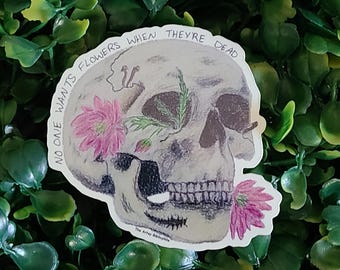 Vinyl Sticker | Flowers Skull | Skull and Flowers Art | Spooky Lover Gift | Skull Lover Gift | Waterproof | Decal | Water Bottle Sticker