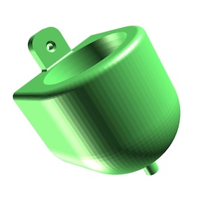 May include: A green, 3D-rendered object with a cylindrical body and a small, rectangular tab with a hole. The object has a rounded bottom and a small, cylindrical protrusion. The overall shape suggests a mechanical component or a design element.