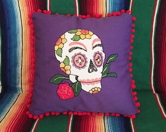 Day of the Dead Sugar Skull Purple Hand Embroidered Calavera Pillow