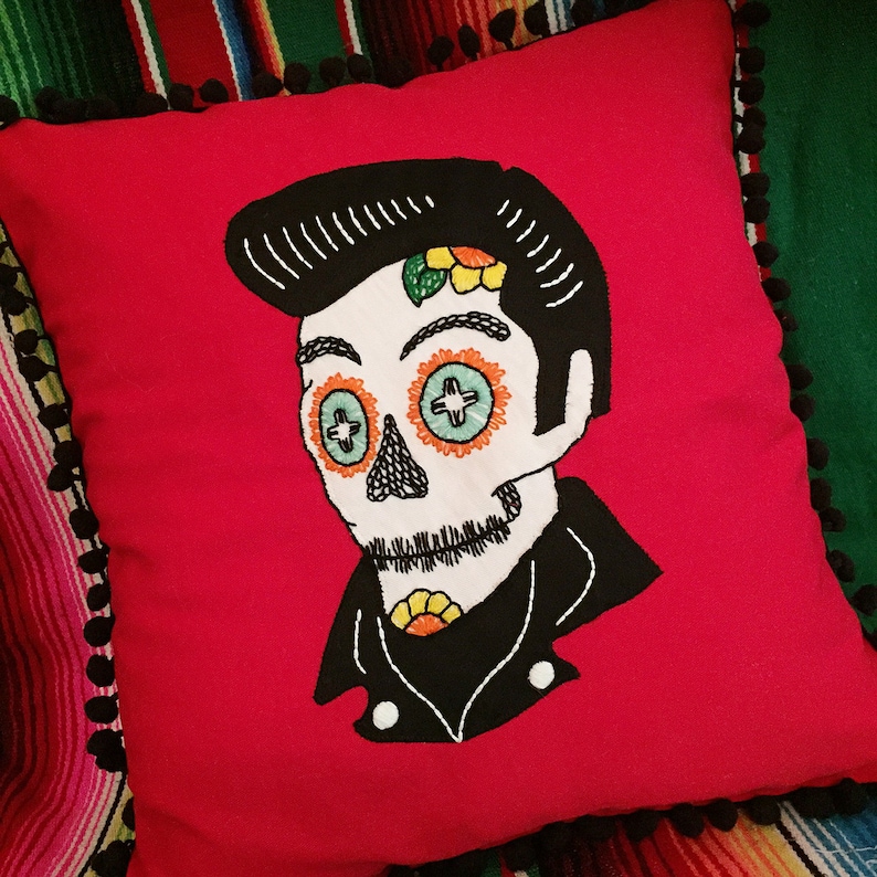 Day of the dead elvis sugar skull embroidered calavera on red  etsy Day of the dead elvis sugar skull embroidered calavera on red  etsy