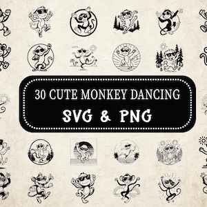 Cute Dancing Monkey SVG PNG Bundle, Funny Monkey Clipart, Cricut, Kids Crafts, Jungle Animal Cut Files, Cartoon Ape Vector, Sticker Design