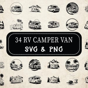 RV Camper Van SVG PNG Bundle, Camper Van Silhouette Clipart, Travel Trailer Cricut Cut File, Adventure Vehicle Vector Design, Camping Decal