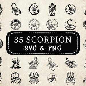Scorpion SVG PNG Bundle, des cliparts Silhouette animale du désert, zodiaque Scorpion Cricut coupe fichiers, dessins vectoriels arachnides, stickers Tribal Scorpion