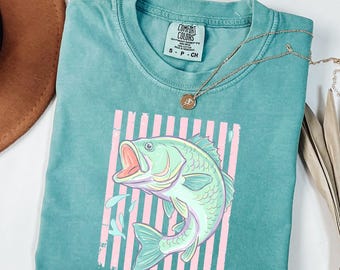 Comfort Colors® Retro Bass Fish Shirt, Pastel Striped Fishing Graphic Tee, Fisherman Gift, Lake Life T-Shirt, Coastal Summer Tee
