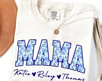 Personalized Gigi Comfort Colors® Shirt Dusty Blue Floral Grandma Mama Shirt Custom Names Mimi Nana Gigi Long Sleeve Tshirt Mothers Day Tee