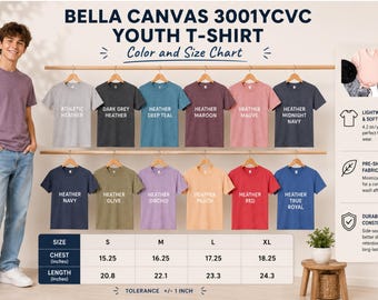 Bella Canvas 3001 Youth Blank Tee, 3001 YCVC Shirt for Screen Print HTV DTF Sublimation, Fit Scale Shirt for Youths