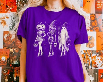 Spooky Girl Trio Halloween Shirt, Pumpkin Skeleton Ghost Sweatshirt, Witchy Fall Tee, Spooky Season Shirt, Cute Halloween Gift