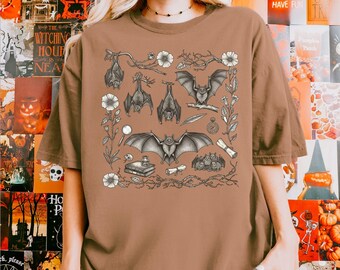Comfort Colors® Vintage Bat Halloween Shirt, Retro Spooky Season Tee, Boho Witchy Goth Tee, Cute Fall Cottagecore Top, Oversized Halloween