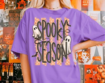 Comfort Colors® Spooky Season Shirt, Retro Halloween Graphic Tee, Striped Halloween T-Shirt, Cute Fall Halloween Shirt, Autumn Gift