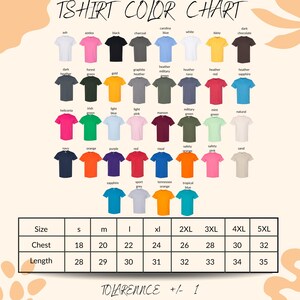 The image is a color chart displaying various t-shirt designs in different colors and sizes.
