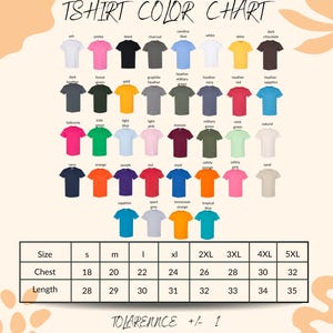 The image is a color chart displaying various t-shirt designs in different colors and sizes.